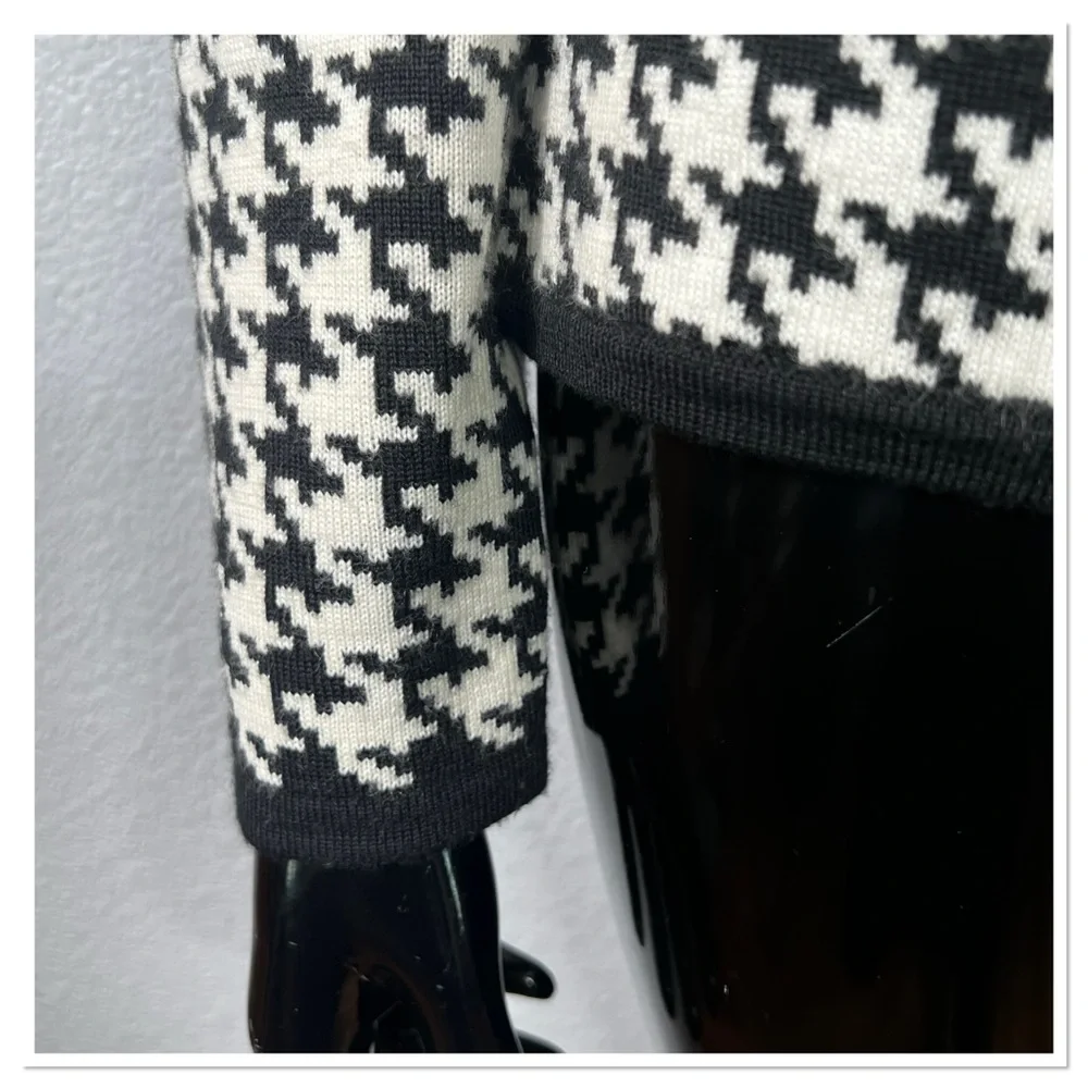 Kenar Black & White Houndstooth Women’s Cardigan Sweater w/ Belt Wool Blend Sz M - Picture 4 of 7